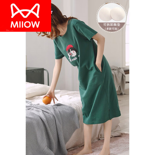 猫人（MiiOW）带bra睡裙女夏季纯棉短袖带胸垫长款过膝可爱大码可外穿家居服 9902#(不带胸垫) 3XL