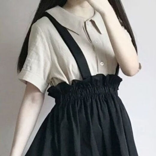 Shan Nanwei single/college style suit student girl Japanese sweet short-sleeved shirt + high waist strap skirt two-piece new set 683 black skirt + apricot top S recommended 75-88 Jin Jin equals 0.5 kg