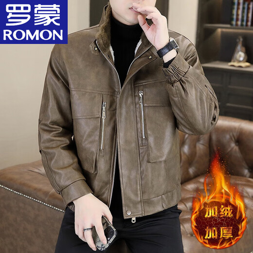 ROMON 2026 winter new style velvet thickened leather jacket men's trendy casual motorcycle wear pu leather jacket jacket trendy gray M reference around 90-110