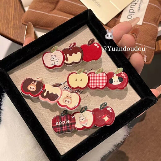 Plum pie cute cartoon apple hairpin autumn and winter girl heart duckbill clip broken hair bangs clip side clip hairpin hair accessories SN value 4-piece set (1 each)