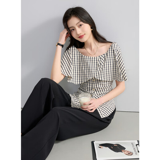 Sancai 2025 new summer style ruffled one-line collar plaid shirt slit waist top elegant M black rice plaid M 160/84A