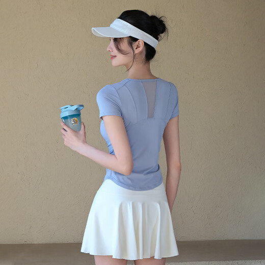 ACKDCS Cool Yoga Wear Short Sleeve Women's Summer Thin Sports T-Shirt Top Pilates Fitness Training Set Glacier Blue Short Sleeve + White Skirt M Recommended 95-110 Jin Jin equals 0.5 kg
