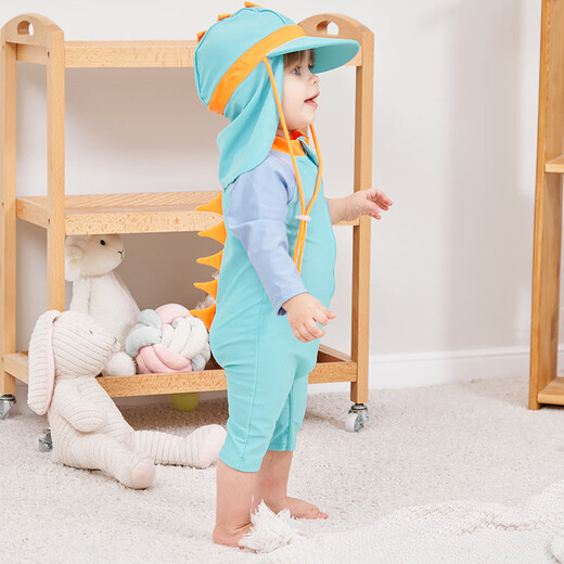 Yun dye children's swimsuit 2025 new one-piece dinosaur horn sunscreen surf suit for boys and girls, infant and toddler quick-drying swimsuit 251 lake blue + sun protection hat 80 cm