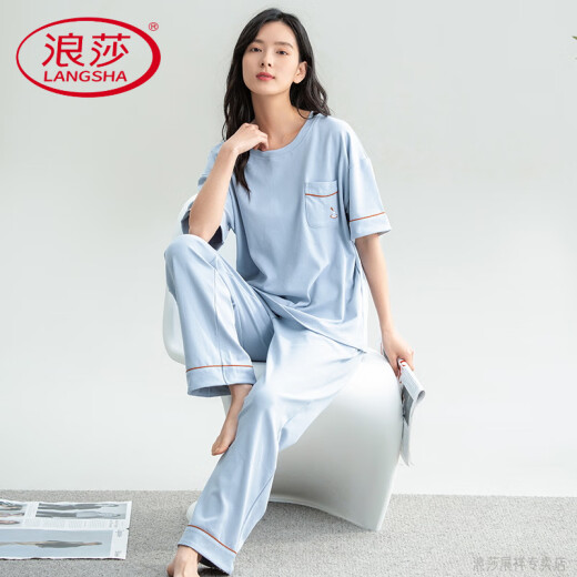 浪莎（LangSha）轻奢高档夏季纯棉睡衣女短袖长裤红色大码女款可外穿半袖家居服春 湖蓝色 7374 M 建议80-98斤