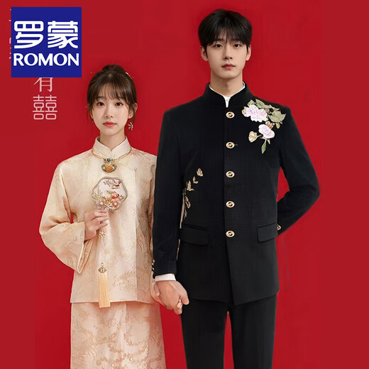 ROMON New Chinese Style Peony Butterfly Embroidered Suit Suit Men's Chinese tunic suit Chinese style Tang suit small suit jacket groom's wedding black suit + pants + white stand-up collar shirt XL