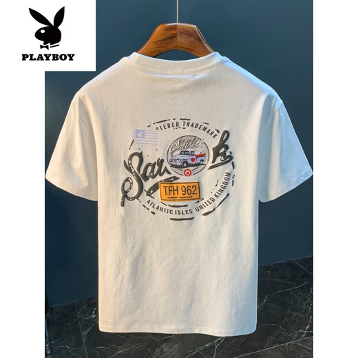 花花公子（PLAYBOY）白色T恤男夏季新款高端潮流印花t恤美式轻奢新疆棉舒适短袖T恤衫 黑色 【JSW9906黑色】 M 适合90-108斤穿
