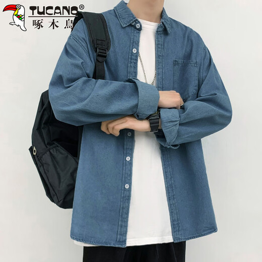 Рубашка Woodpecker (TUCANO) мужская с длинными рукавами весенне-осенняя повседневная джинсовая рубашка в гонконгском стиле, свободная однотонная мужская куртка светло-синего цвета L