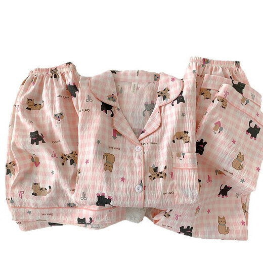 京濮飞甜美猫咪短袖睡衣三件套棉纱布家居服春夏秋 云朵棉-9905#黑爱心三件套 M 【建议75-100斤】