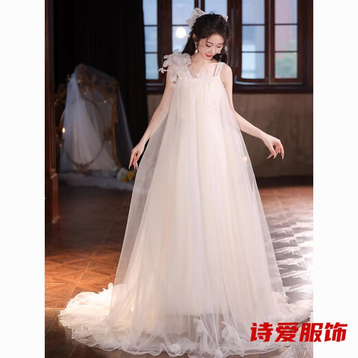 Dongyan dressing gown female bride wedding fairy suspender engagement dress new style French travel photography light wedding dress small white M