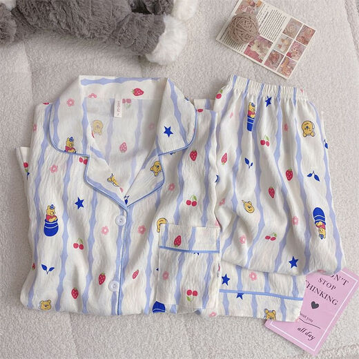 Rongxitu (RONGXITU) cloud cotton pajamas for women in spring and autumn Japanese cartoon bear long-sleeved home clothes for outdoor wear 826# blue striped winnie bear 175 L