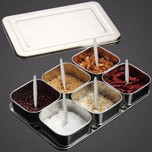 FANCYCHIC stainless steel Japanese flavor box set condiment jar condiment sample box 6 compartments 8 compartments with thickened six compartments 6 flavor spoons with lid