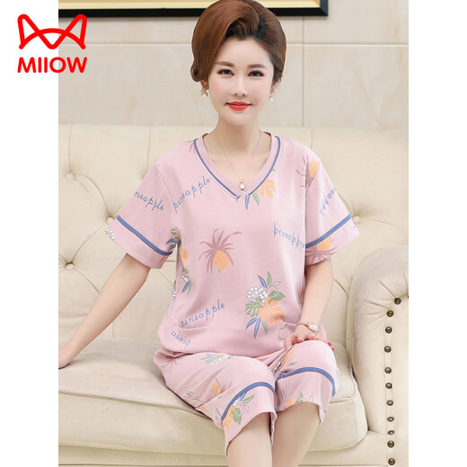 猫人（MiiOW）中年妈妈睡衣女夏季薄款纯棉短袖七分裤中老年人家居服加大码套装 乳白色 LM6626【开衫款】 L 【建议100-120斤】