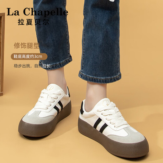 La Chapelle women's shoes winter moral training shoes thick-soled versatile sneakers plus velvet optional cotton shoes for women white and black 37