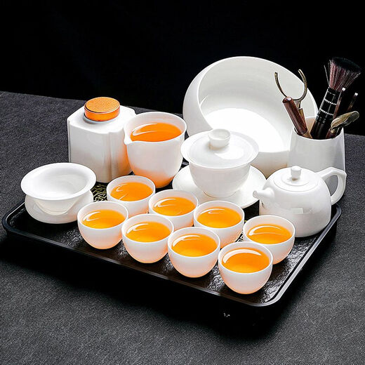 Tuojin German imported quality Dehua mutton-fat jade tea set household light luxury high-end white jade white porcelain kungfu teapot sweet white mutton-fat jade well railing teapot 10 pieces