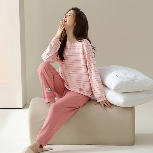 Urban Beauty Round Neck Pajamas Women's 2025 Spring New 100 Pure Cotton Striped Home Clothes Two-piece Set 17801 Women's Style/Main Picture Color One Size M