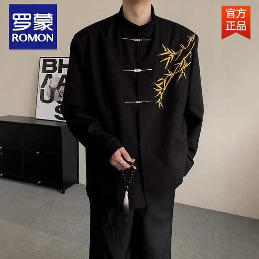 ROMON New Chinese Style Green Bamboo Embroidery Shoulder Pads Button Suit Jacket Fashionable Men's Tunic Suit Stand Collar Tang Suit Small Suit Black Green XL