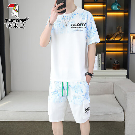 Woodpecker (Tucano) 2025 Sommer neuer kurzärmeliger Anzug für Männer, mittlere und junge Männer vielseitige Shorts Casual Sports zweiteiler Set-Gradientenfarbe Herrenkleidung 6187 Blau XL