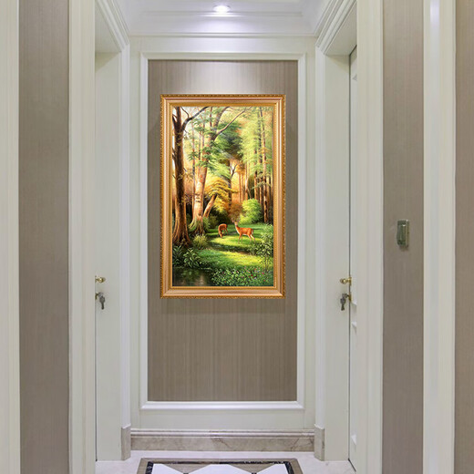 帝旗 高端原创手绘麋鹿风景油画欧式入户玄关装饰画走廊过道挂画竖版 692金实木框 80X160