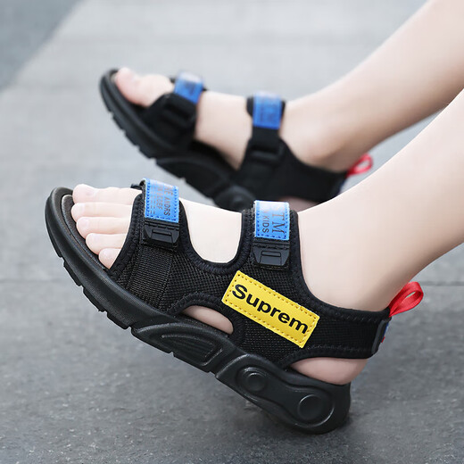 Boys Sandals Summer New Children's Sports Anti-Slip Beach Shoes Medium and Large Boys Soft Bottom Sandals Summer Style TX155 Black Red 34