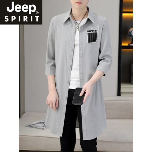 JEEP SPIRIT夏季风衣男长款披风时尚潮流男装中袖外套轻薄透气防晒服灰色长衫 灰色 M