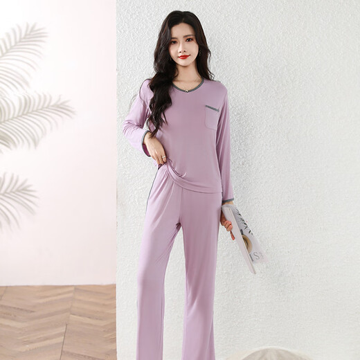 Dan Nanwei Spring and Autumn New Model Modal Pajamas for Women with Breast Pads, Loose Large Size Summer Home Clothes Set, Long Sleeves and Pants for Outerwear, Brick Red (Long Sleeves + Pants) XL (115-135Jin Jin equals 0.5kg)