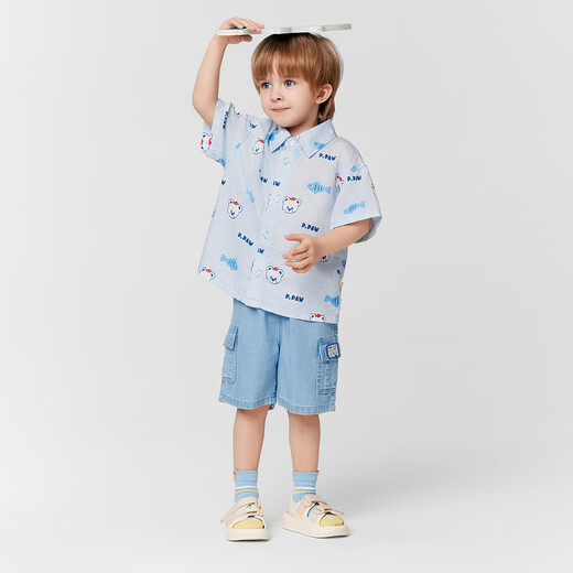 PawinPaw cartoon bear children's clothing 25 spring and summer new baby boy lapel printed shirt comfortable and versatile Blue blue/50 100