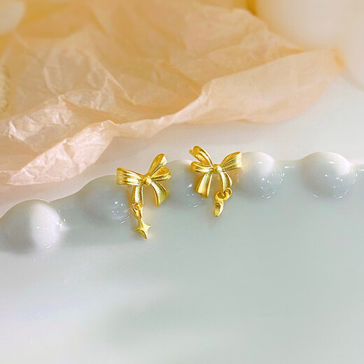 BZK gold fugitive princess bow earrings for girls 999 pure gold 2025 spring and summer new pure gold earrings 0.01g star earrings