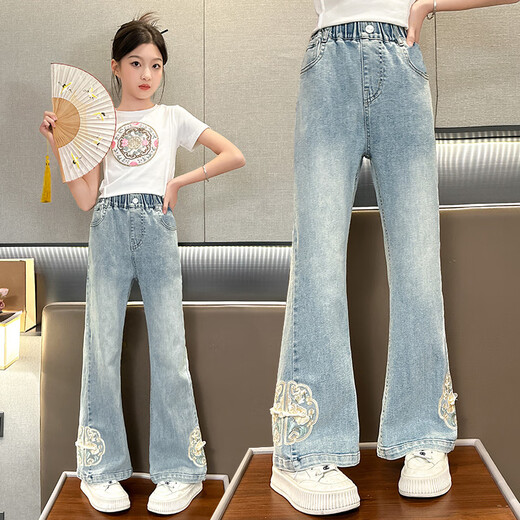 
Disney girls jeans spring and summer thin 2025 new children's pants Chinese style big children's bell-bottom pants spring and autumn light blue 679 [summer style] 120 cm
