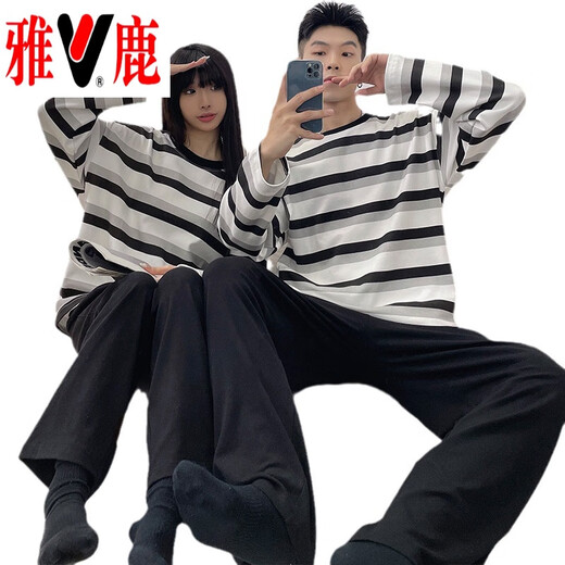 
Yalu 2025 new couple pajamas for women in spring and autumn can wear striped home clothes for men casual large size long sleeve suit 15567 L women