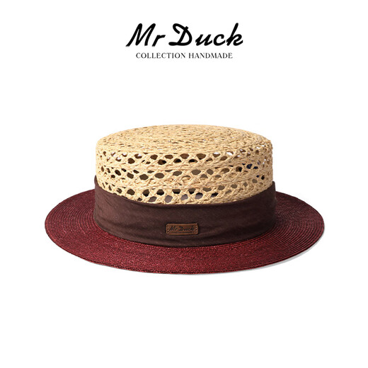 Mr DUCK Extra Fine Natural Wheat Straw Raffia Straw Hat French Elegant Flat Top Hat Women's Fashionable Style Hollow Sun Hat Raw Grass/Burgundy (Lightweight and Breathable) M(55-57cm)