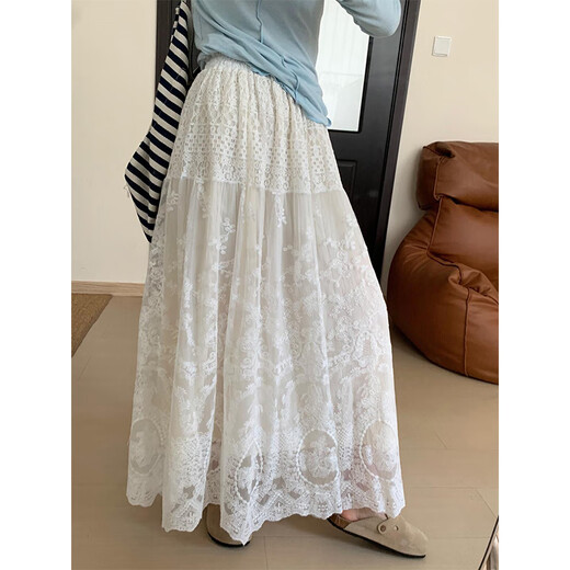 Ono Qitian white lace skirt a-line women's summer design elastic waist mid-length skirt new Chinese style national style lace skirt one size