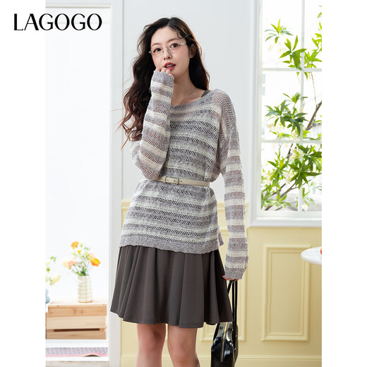 lagogo拉谷谷2025年新款条纹舒适显瘦连衣裙两件套女OALL832W06 灰色 M