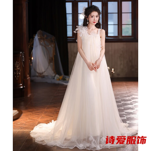 Dongyan dressing gown female bride wedding fairy suspender engagement dress new style French travel photography light wedding dress small white M