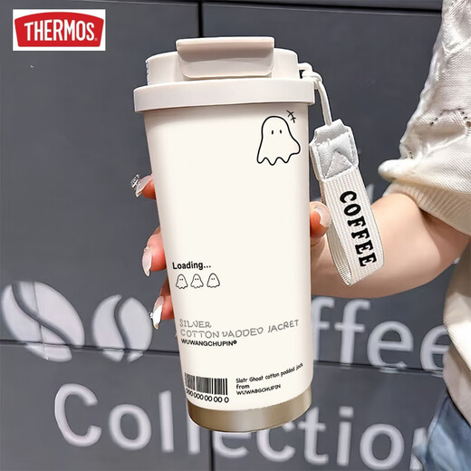 膳魔师（THERMOS）可爱幽灵保温杯高颜值学生不锈钢便携新款双饮咖啡男女吸管水杯子 BXAB13795幽灵粉+配挂绳 陶瓷内胆
