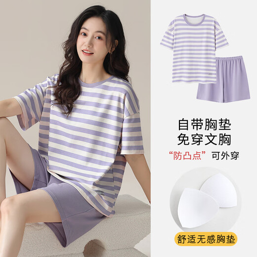 Aohe 2025 Modal pajamas summer short-sleeved shorts thin round tie chest pad suit women's home clothes can be worn outside Short-sleeved shorts: B12611 XL women [110-125Jin [Jin equals 0.5 kg]]