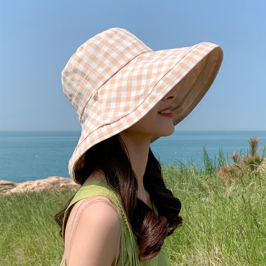 Woodpecker (TUCANO) double-sided plaid fisherman hat for women, spring and summer foldable sun visor, large brim sun hat to cover face, Korean version, trendy, khaki, double-sided (55-60cm)