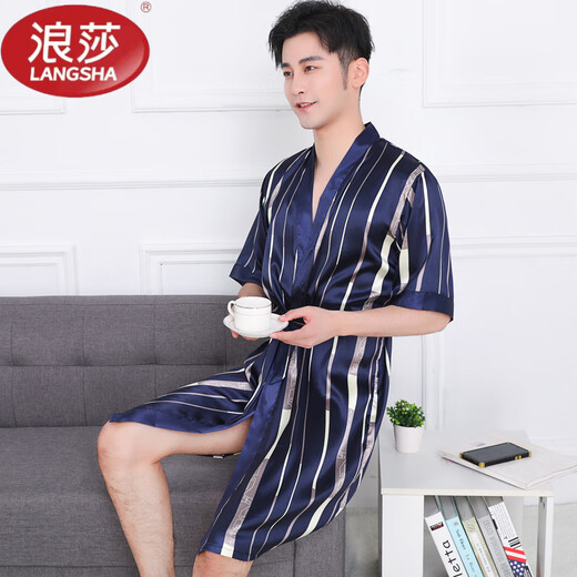 LangSha light luxury nightgown men's summer short-sleeved thin ice silk bathrobe men's mid-length sexy pajamas spring and autumn home clothes 13006 dark gray letter robe short-sleeved 3XL 185 170-200Jin Jin equals 0.5 kg