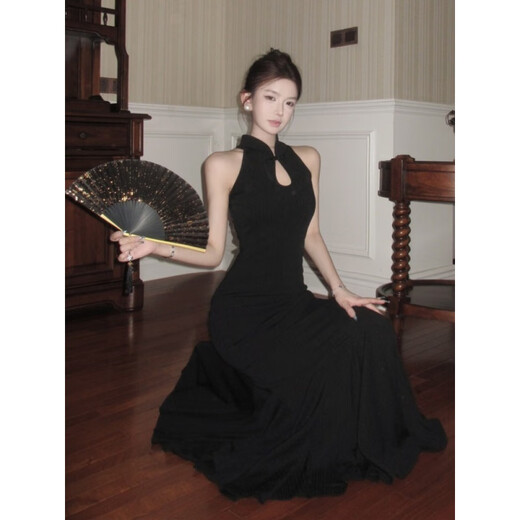 Chuangjingyi chooses fishtail skirt dress, new Chinese style national style black improved cheongsam dress for women summer sexy evening dress fishtail bag Picture color S