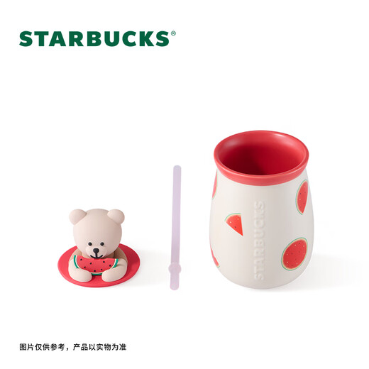 Starbucks (Starbucks) Cup Fruity Adventure Series Ceramic Water Cup Desktop Mug High-Looking Coffee Cup Gift for Men and Women Watermelon Bear Style Ceramic Straw Cup 430ml