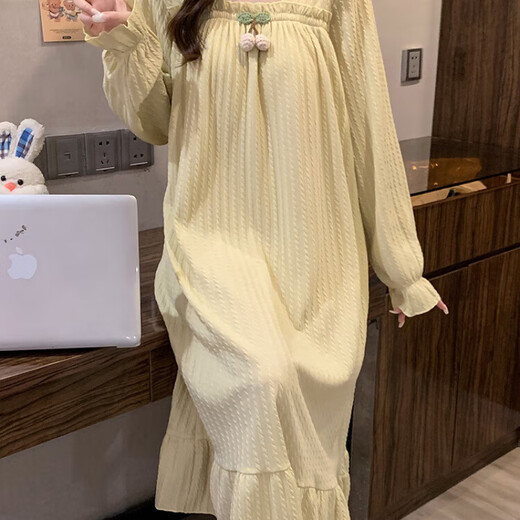 花陌妮公主风睡裙女春夏秋季棉质长袖带胸垫胖mm宽松大码孕妇家居服睡衣 J897-豆沙色裙【可拆卸胸垫】 M 【80-100斤】