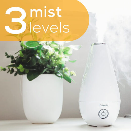 BEURER 2-in-1 essential oil aromatherapy humidifier, ultrasonic cool mist, night mode, 2L water tank, suitable for bedroom, white