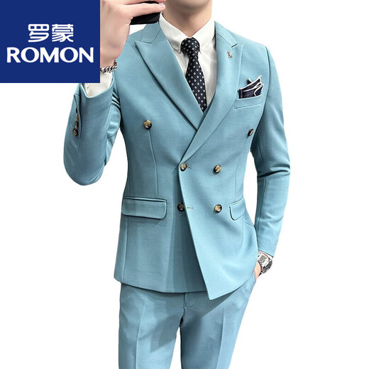 ROMON double-breasted suit men's suit wedding dress slim fit groom's suit men's Korean version trendy British style handsome off-white suit + pants + vest tie 3XL