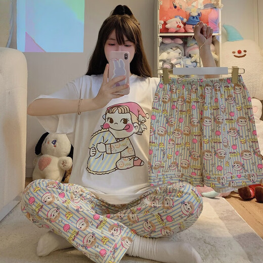 Victoria's style Victoria's Secret series Crayon Shin-chan pajamas for women summer short-sleeved new three-piece set Korean ins cartoon student home (three-piece set) A9901# L (recommended 101-115 Jin Jin equals 0.5 kg)
