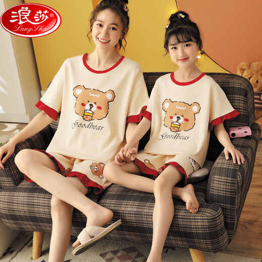 浪莎（LangSha）亲子母女睡衣纯棉夏季薄款短袖可爱卡通网红小女孩女童家居服套装 6624【纯棉 单套的】 S 145-150cm70-85斤