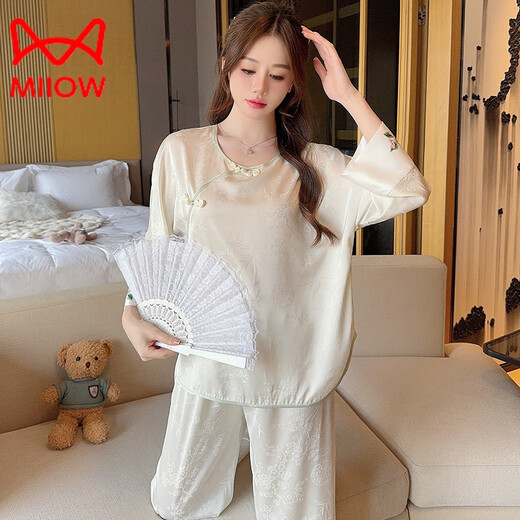 MiiOW Spring and Autumn Pajamas Women's Long Sleeve Thin Silk New Chinese Style Retro Suit Women's Cool Feeling Ice Feeling Home Clothing YL-728 Purple Butterfly M