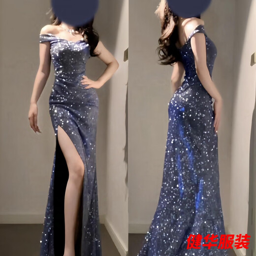 Meianjiagan Blue Sparkling One Shoulder Dress Feminine Catwalk Birthday Party Dress Sexy Slit Long Skirt Blue S