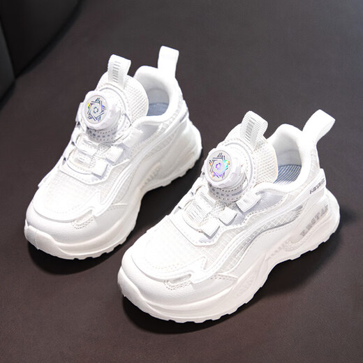 女童鞋旋转纽扣皮网新款春秋款儿童运动鞋中大童跑步鞋 9928 白色皮面 31