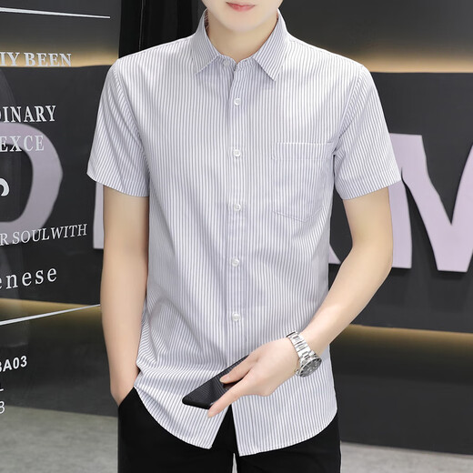花九卿广东普宁男士高端衬衫短袖中老年夏季男士短袖衬衫中年薄款免烫 长袖K08-03宽蓝条+997细蓝条 均码 3890-104斤