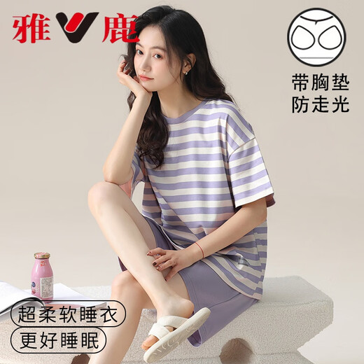 雅鹿莫代尔睡衣女夏季短袖小熊带胸垫可爱少女冰丝居家服大码休闲套装 高质量12611 2XL 女(125-136斤)