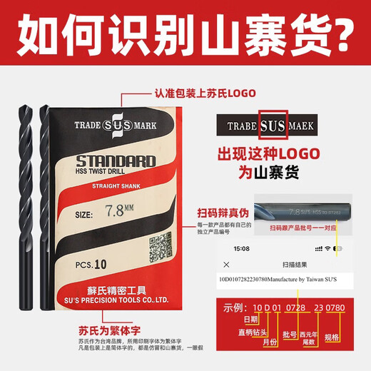 Su's Taiwan Su's drill bits 10 pieces package 1/13mm straight handle twist drill copper aluminum stainless steel mold drilling bit Su's 7.0 (10 pieces)